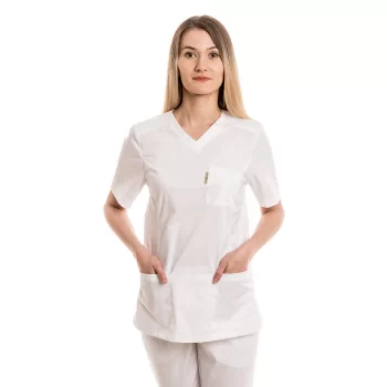 Moteriška balta medicininė pižama – tampri su elastanu (komplektas) WSS20WH