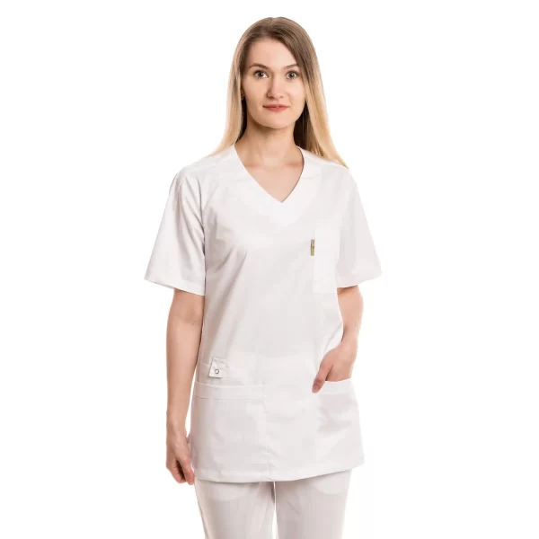 Moteriška balta medicininė pižama – tampri su elastanu (komplektas) WSS21WH