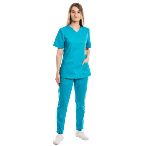 Moteriška žalsvai mėlyna medicininė pižama - tampri su elastanu - palaidinė ir kelnės