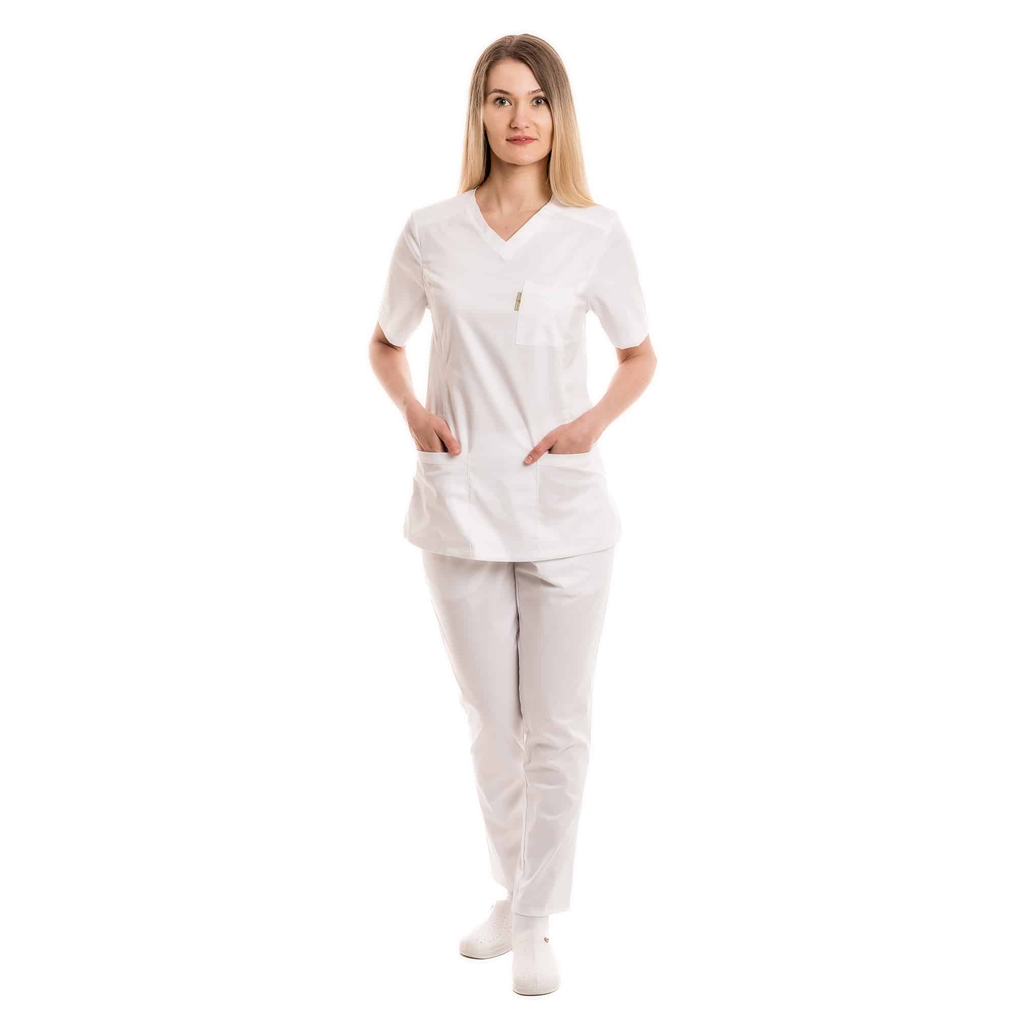Moteriška balta medicininė pižama - tampri su elastanu - palaidinė ir kelnės